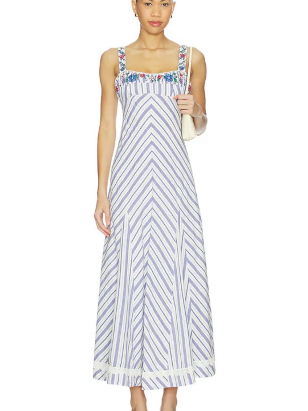 Free People Havenwood Blue and White Stripe with Floral Embroidery Maxi Dress